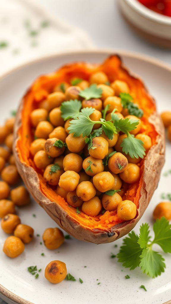 a plate with yummy Baked Sweet Potato with Chickpea Filling