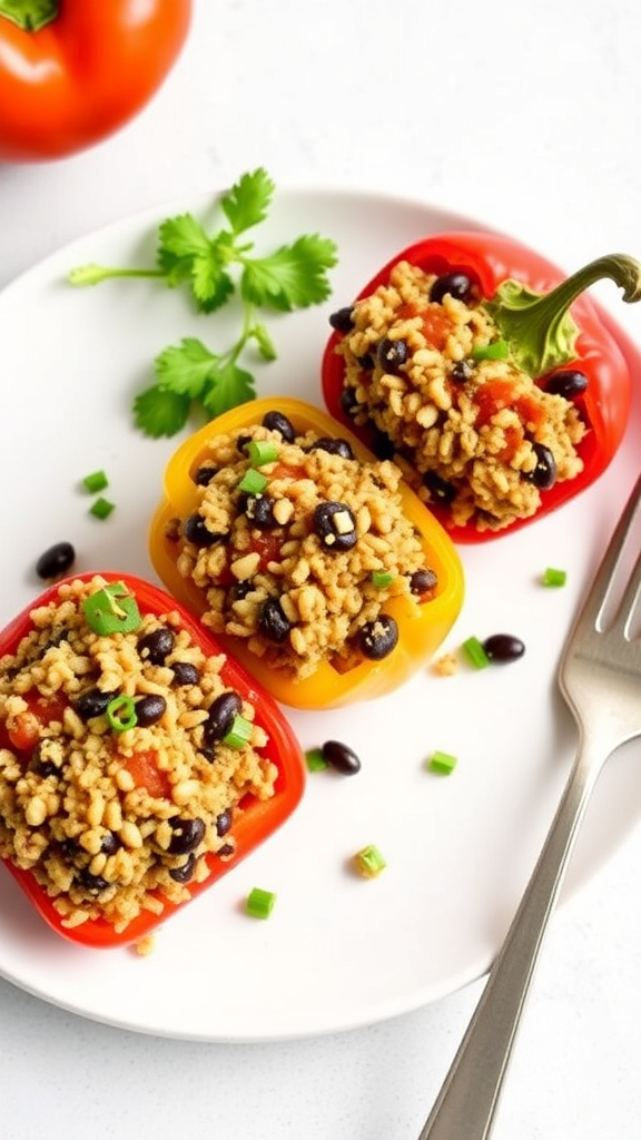 a plate with yummy Quinoa and Black Bean Stuffed Peppers