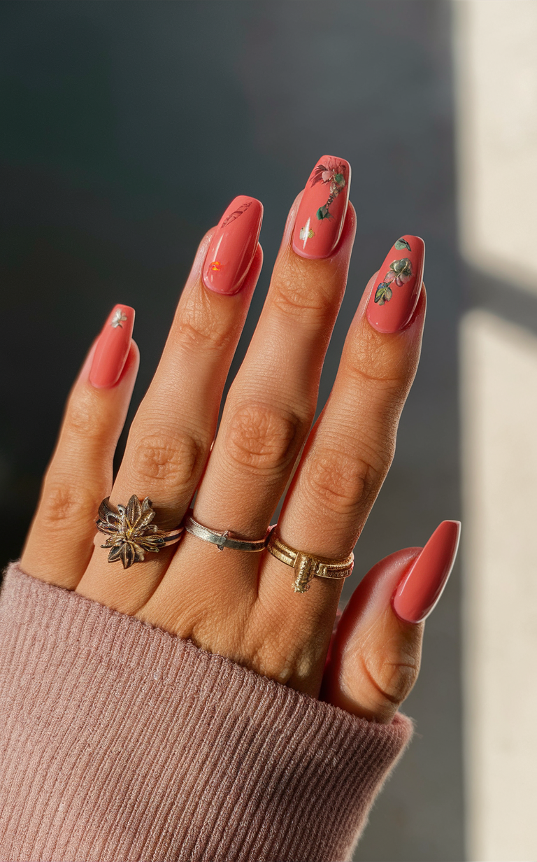 3. Coral Tropical Flower Nails