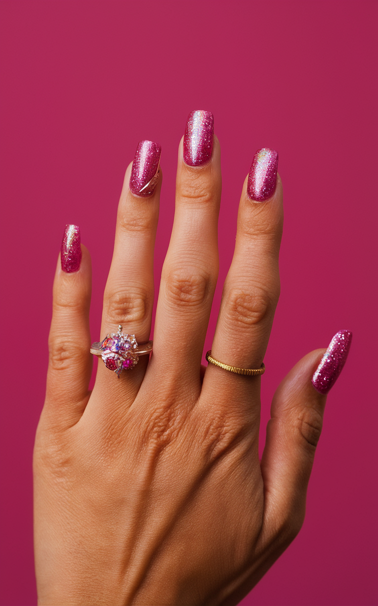 2. Neon Pink Glitter Nails