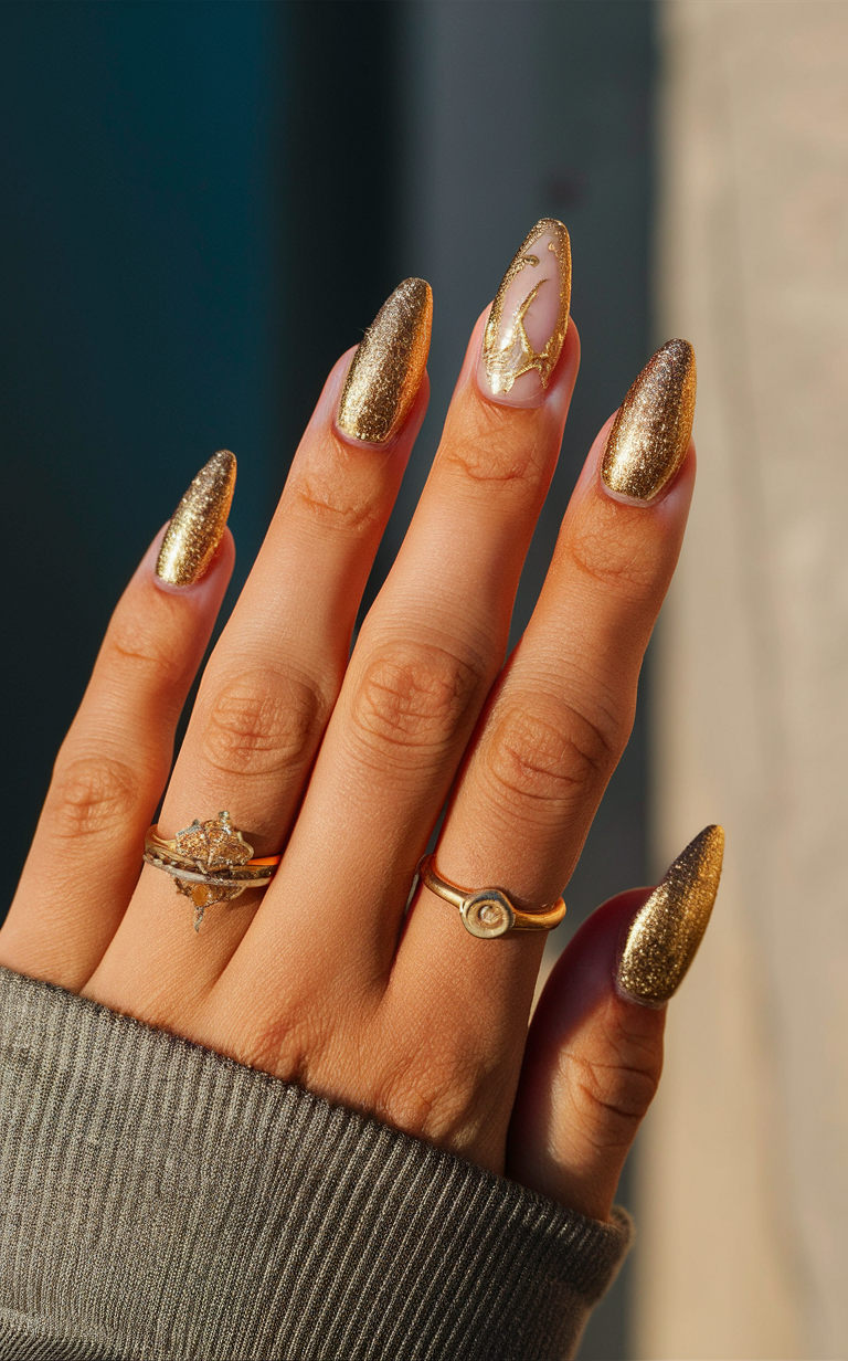 5. Gold Sandy Glitter Nails