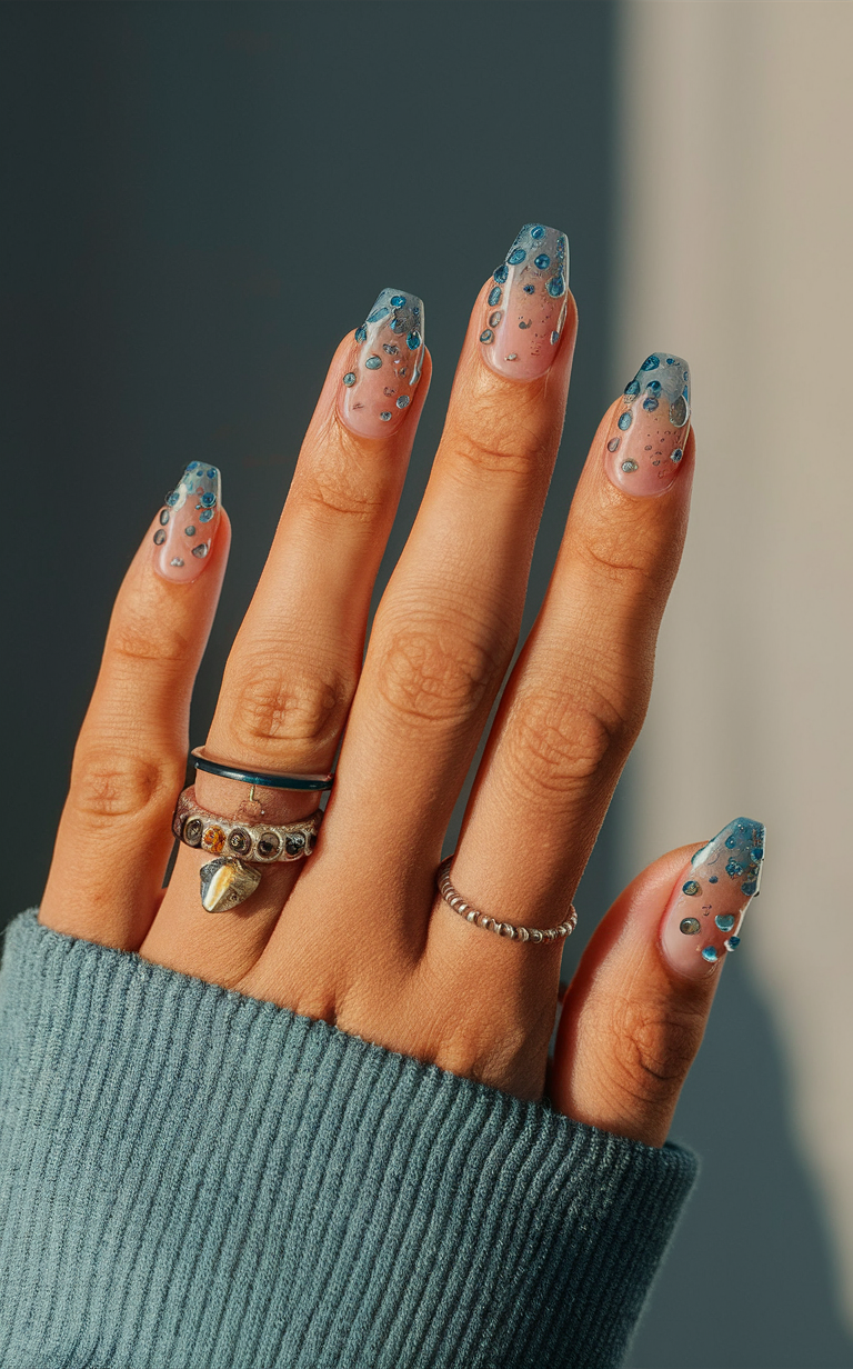 3. Blue Raindrop Effect Nails