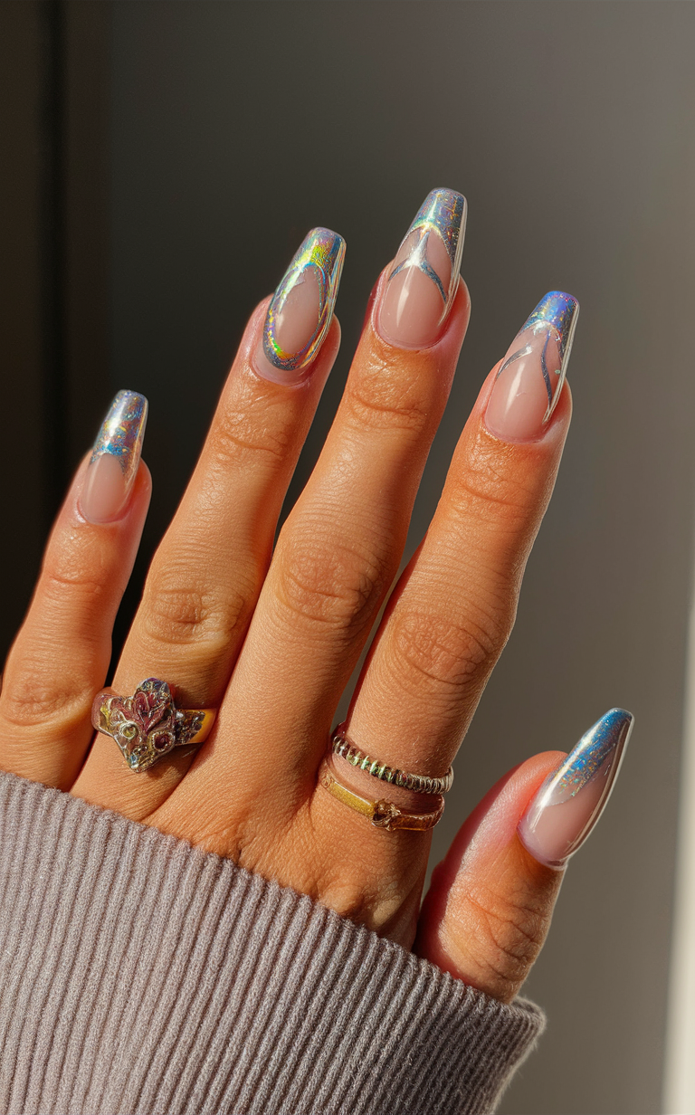 4. Holographic Swirl Accent Nails