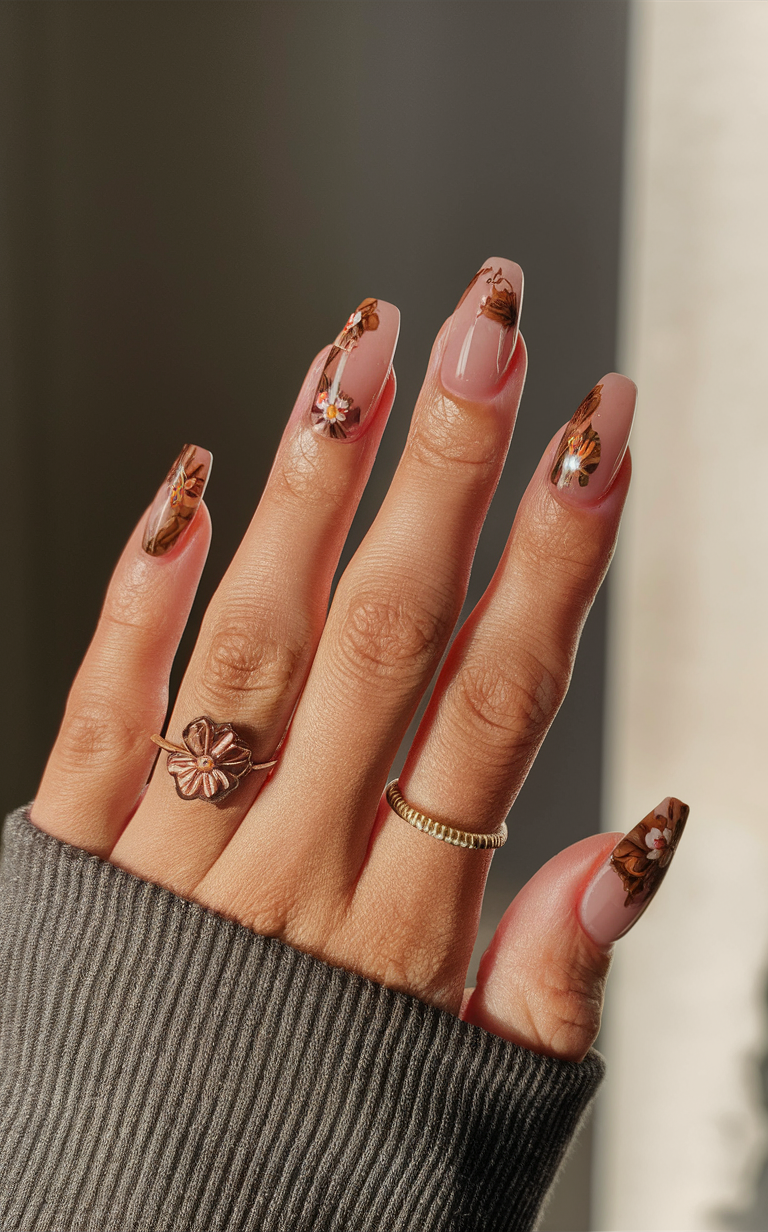 4. Walnut Floral Accent Nails