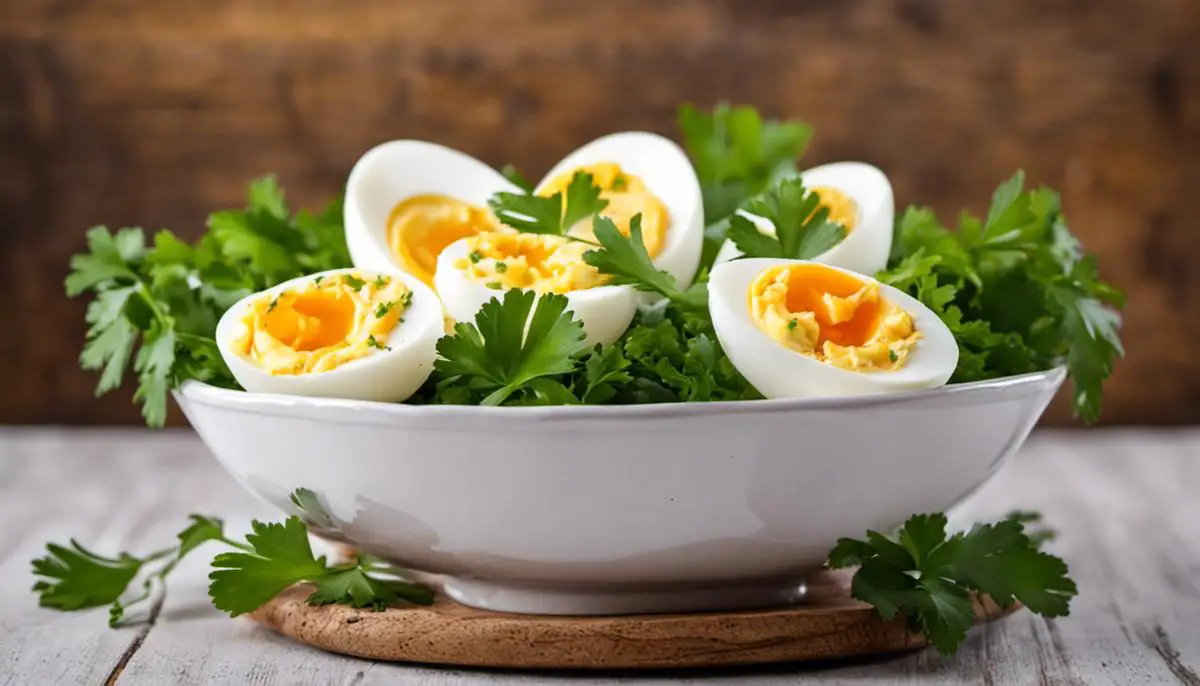 Boiled eggs arranged in a snack bowl with a sprig of parsley on top