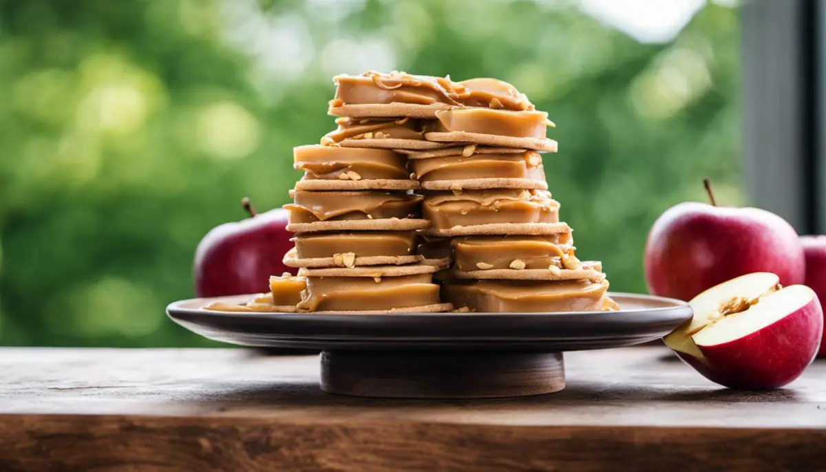 Image showing a plate of apple slices topped with peanut butter, a healthy and delicious snack option