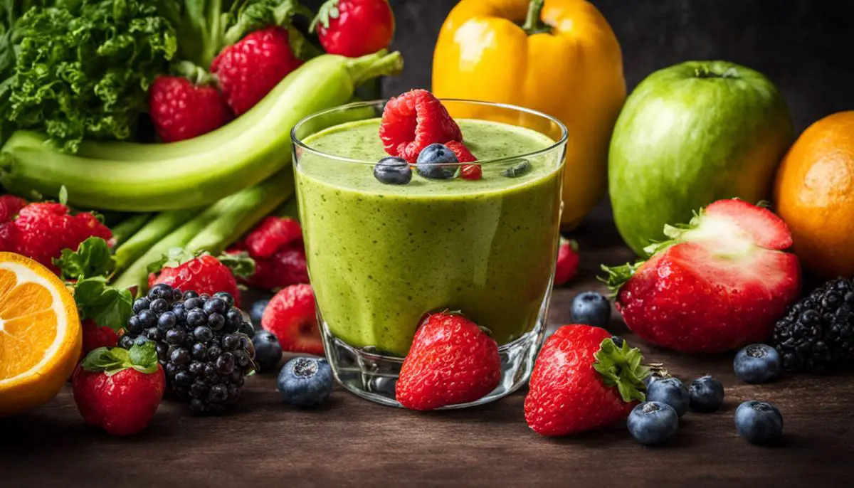 A glass of colorful smoothie surrounded by fresh fruits and vegetables.