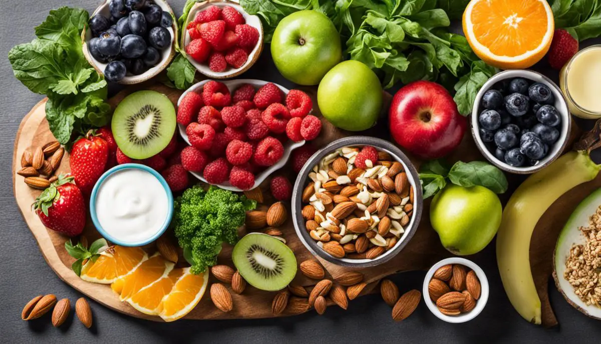 A selection of clean eating snacks, including fruits, vegetables, nuts, and yogurt.