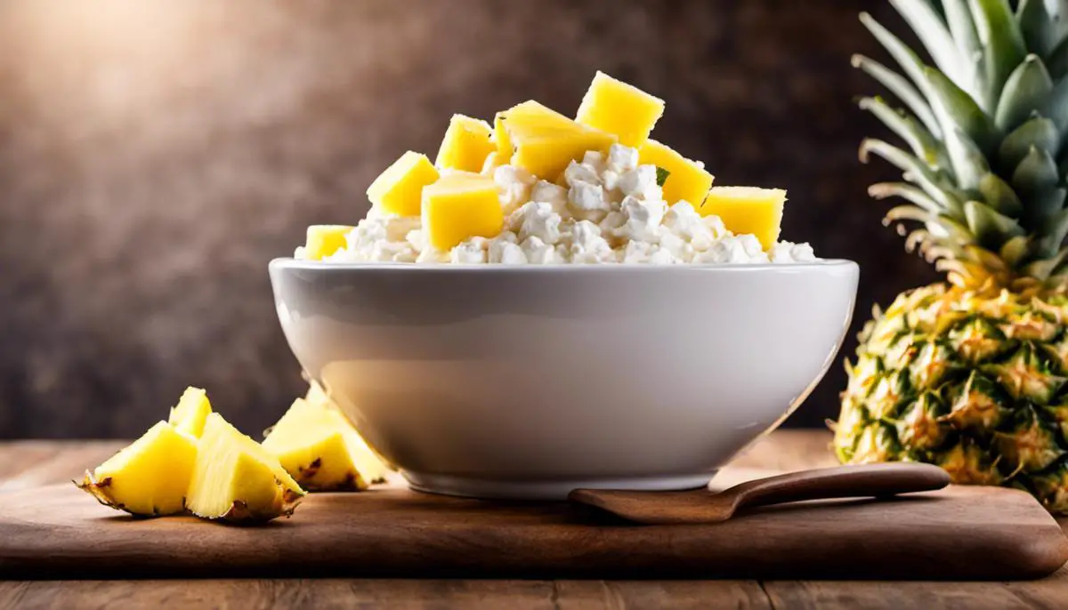 A bowl of cottage cheese topped with pineapple chunks, representing a healthy snack choice.