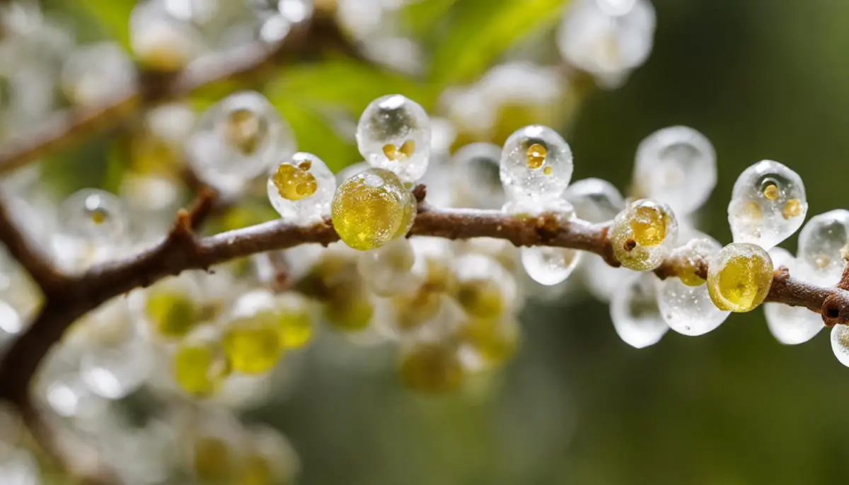 A close-up image of Boswellia tree branches and resin tears.