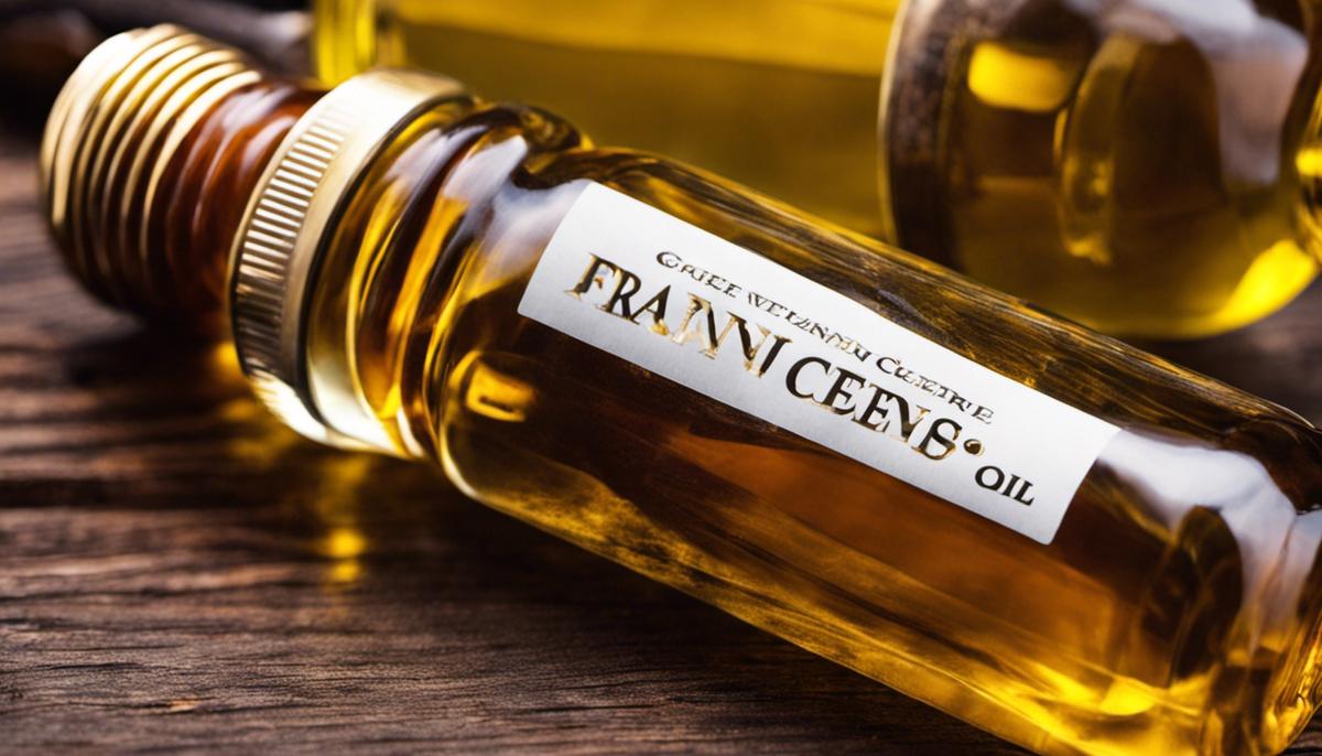 Image of a bottle of frankincense oil next to healthy, lustrous hair.