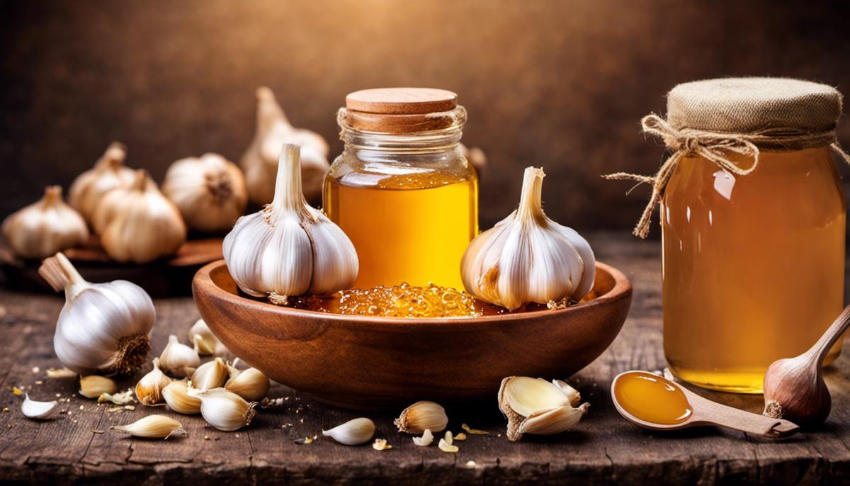 The image shows a bowl of garlic cloves and a jar of honey, symbolizing the health benefits of garlic and honey for a visually impared person.