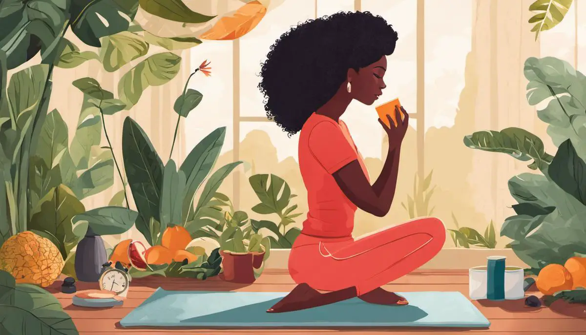 Illustration of a woman practicing self-care during menstruation, depicting healthy diet, exercise, rest, and stress management.