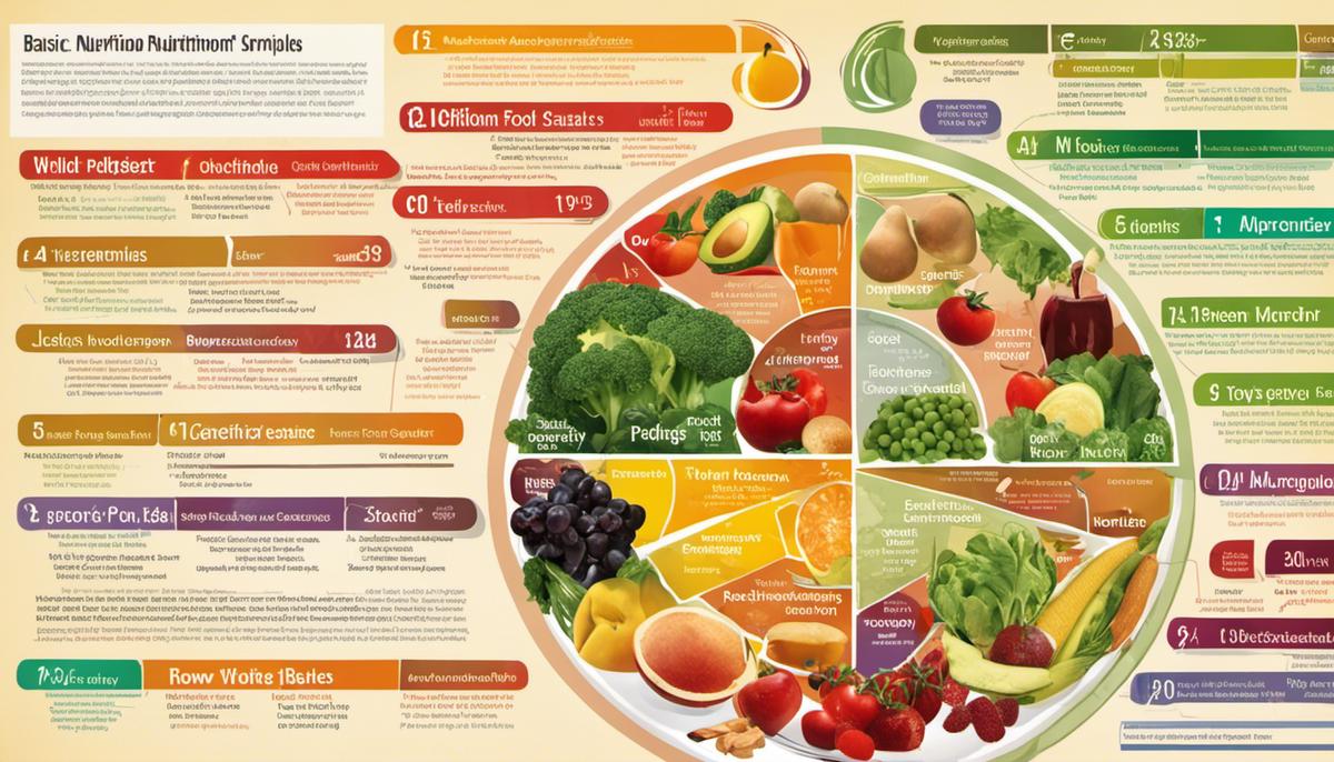 A diagram showing the basic nutrition principles, including macronutrients and micronutrients, and their sources in various food groups.