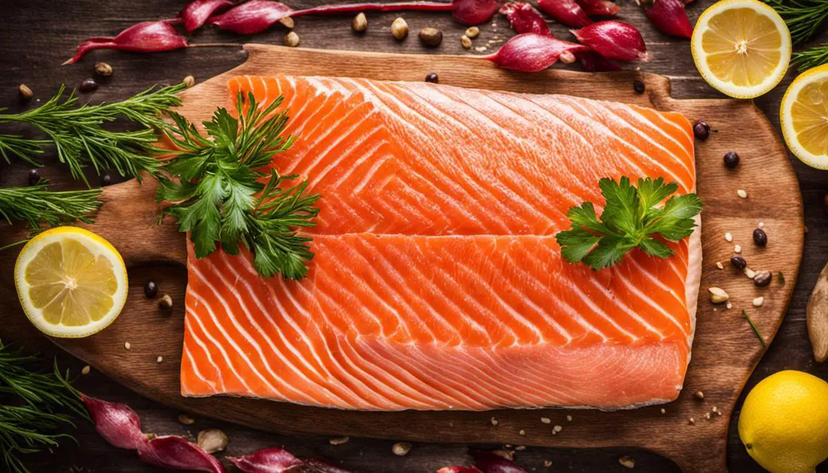 Image depicting fresh salmon fillets with shiny skin and vibrant color placed on a cutting board.