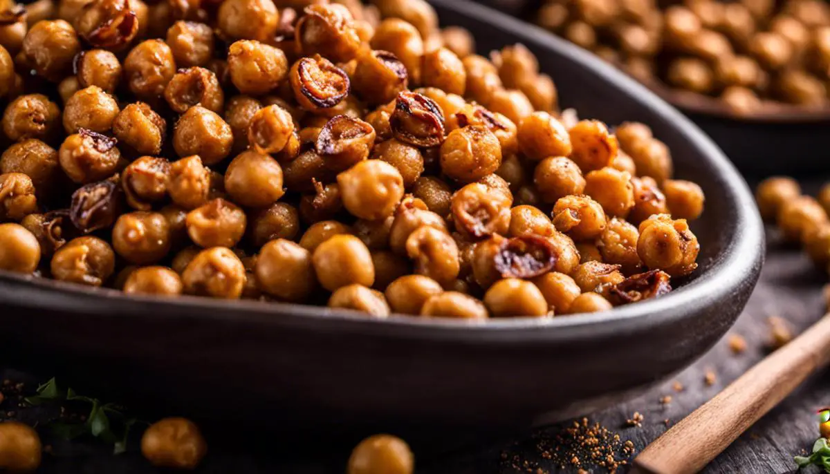 A bowl of roasted chickpeas, crispy and golden brown, sprinkled with spices, creating an irresistible snack option.