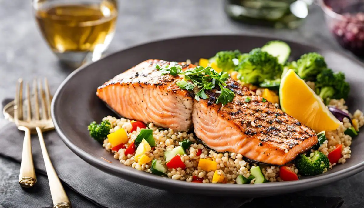 A delicious-looking salmon quinoa bowl with grilled salmon, colorful vegetables, and a tangy vinaigrette sauce.