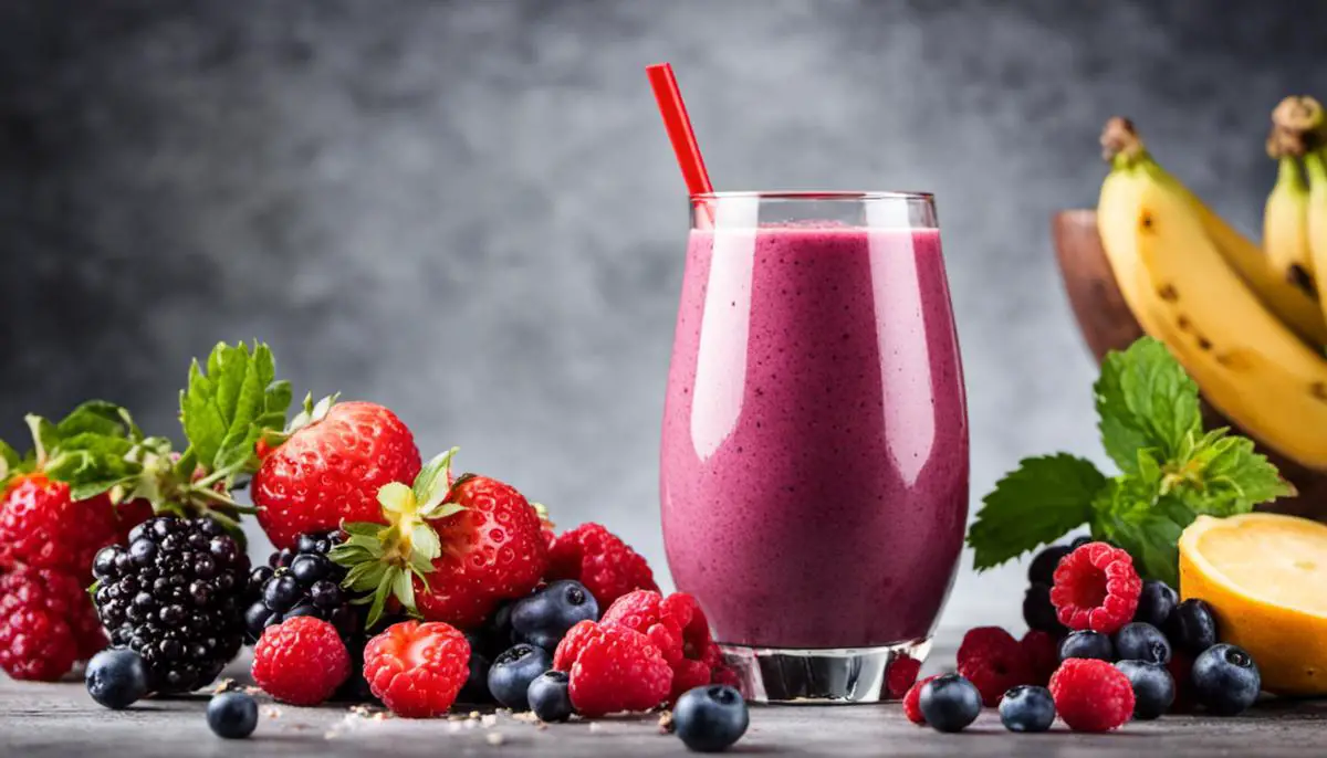 A delicious and colorful smoothie served in a glass with fresh berries on top, representing a healthy and refreshing anti-inflammatory smoothie recipe.