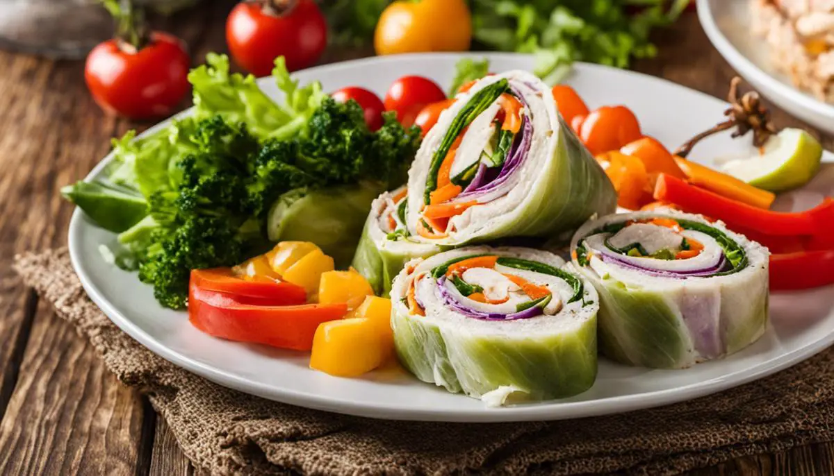 A plate of delicious turkey roll-ups with a colorful assortment of vegetables on the side